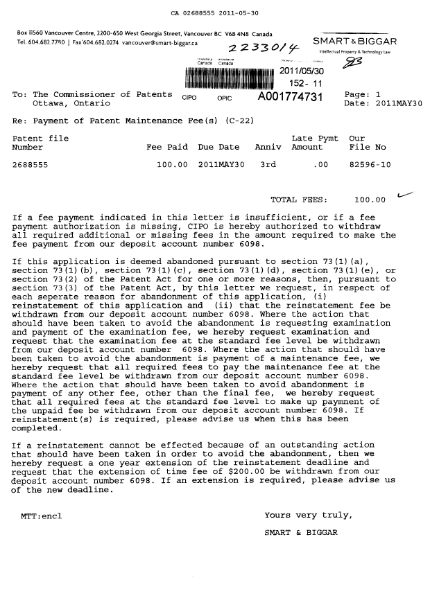 Document de brevet canadien 2688555. Taxes 20110530. Image 1 de 1