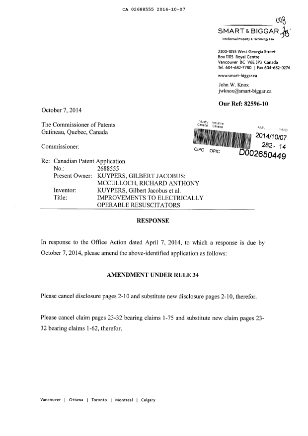 Document de brevet canadien 2688555. Poursuite-Amendment 20141007. Image 1 de 31