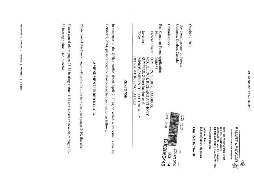 Canadian Patent Document 2688555. Prosecution-Amendment 20141007. Image 1 of 31