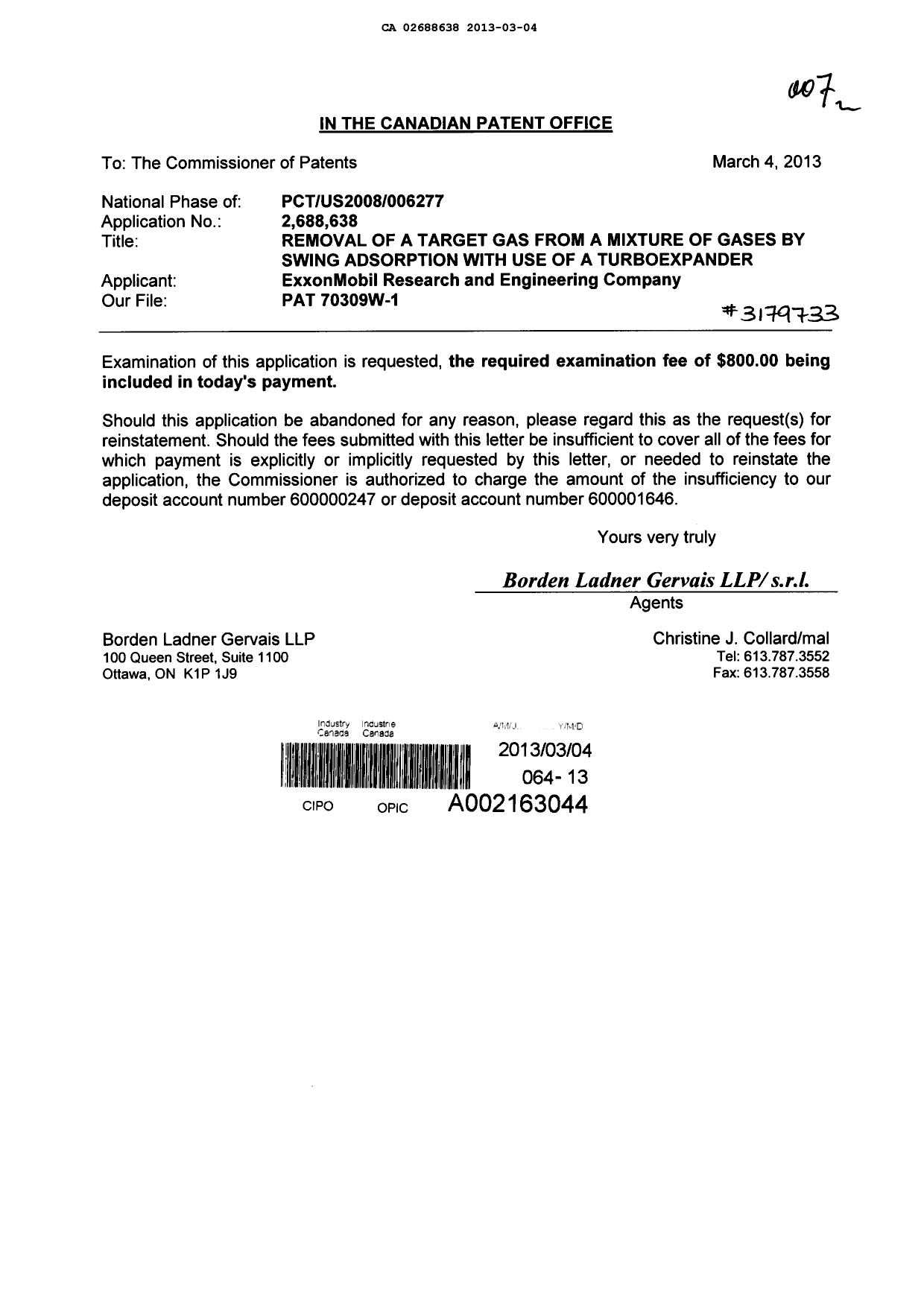Canadian Patent Document 2688638. Prosecution-Amendment 20130304. Image 1 of 1