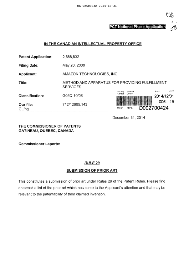 Canadian Patent Document 2688832. Prosecution-Amendment 20131231. Image 1 of 2