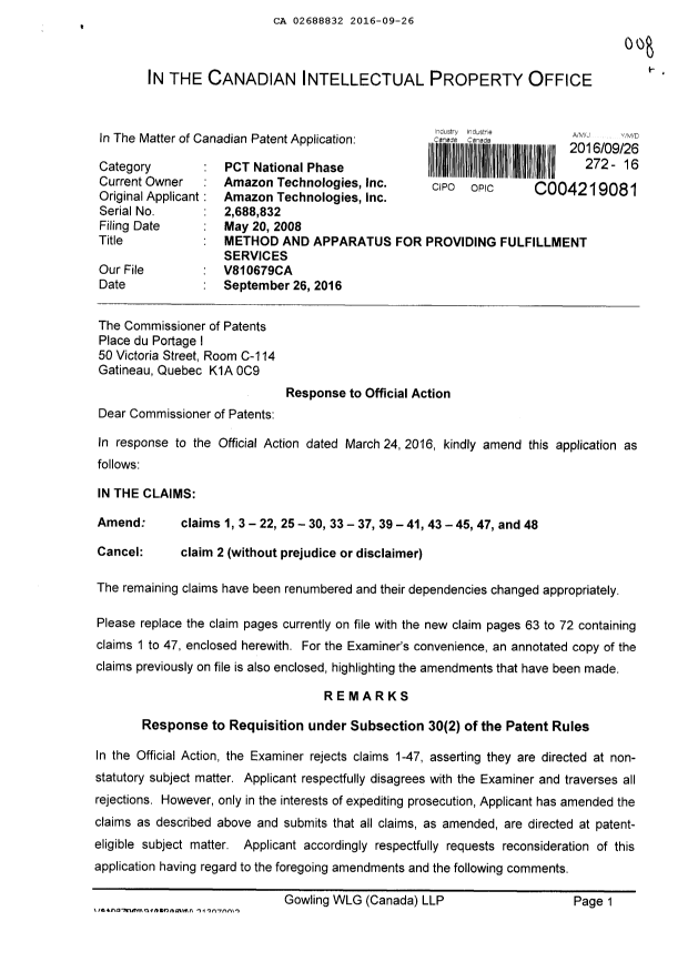 Canadian Patent Document 2688832. Prosecution-Amendment 20151226. Image 1 of 31