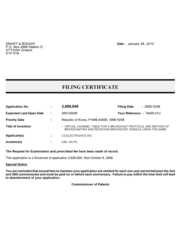 Document de brevet canadien 2688848. Correspondance 20100120. Image 1 de 1