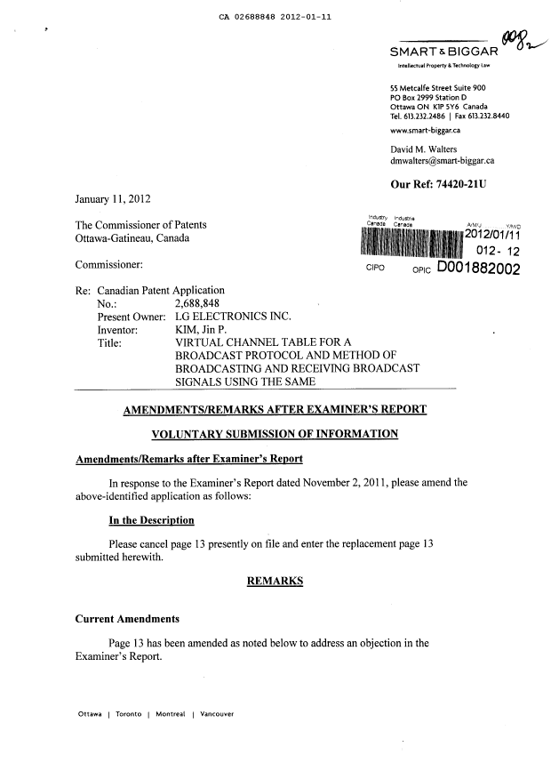 Canadian Patent Document 2688848. Prosecution-Amendment 20120111. Image 1 of 5