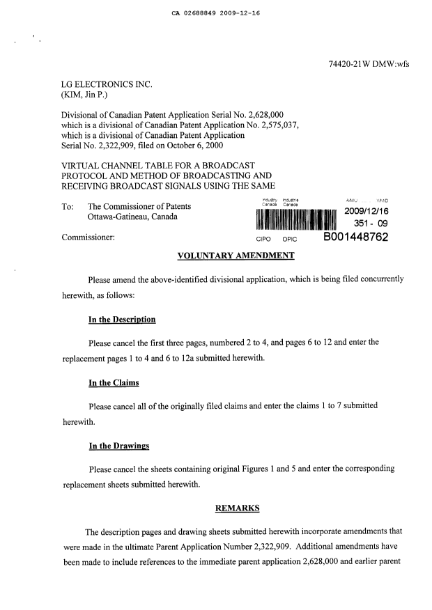 Canadian Patent Document 2688849. Prosecution-Amendment 20081216. Image 1 of 18