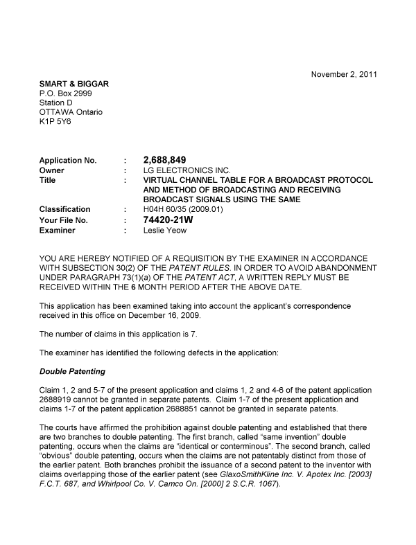 Canadian Patent Document 2688849. Prosecution-Amendment 20101202. Image 1 of 4