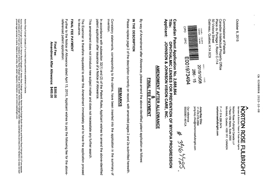 Canadian Patent Document 2688864. Prosecution-Amendment 20151008. Image 1 of 4