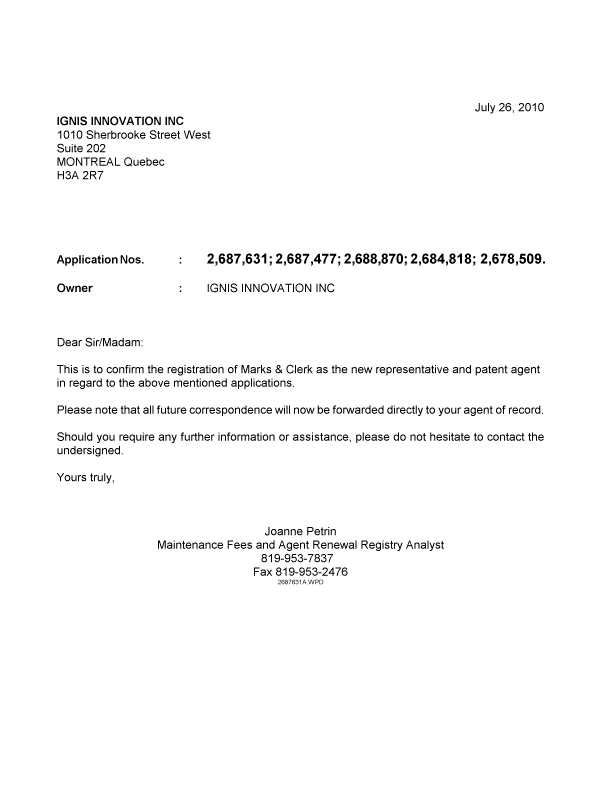 Document de brevet canadien 2688870. Correspondance 20100726. Image 1 de 1