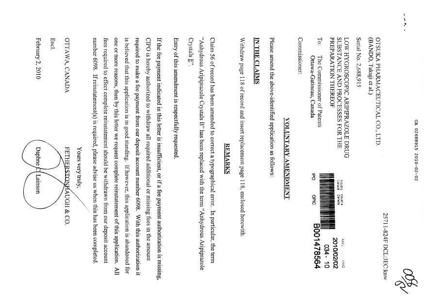 Canadian Patent Document 2688915. Prosecution-Amendment 20100202. Image 1 of 2