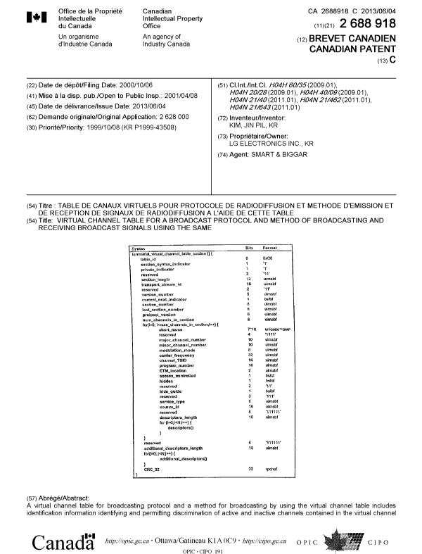 Document de brevet canadien 2688918. Page couverture 20130515. Image 1 de 2