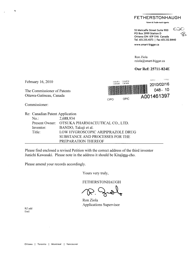Canadian Patent Document 2688934. Correspondence 20100216. Image 1 of 3