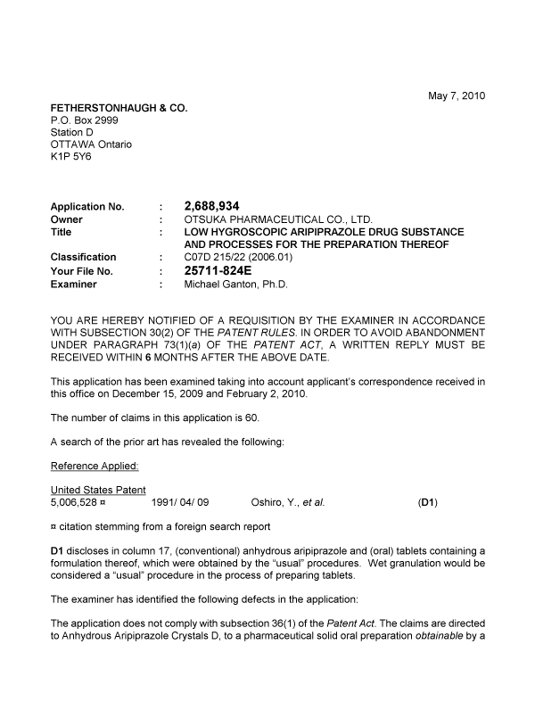 Canadian Patent Document 2688934. Prosecution-Amendment 20100507. Image 1 of 4