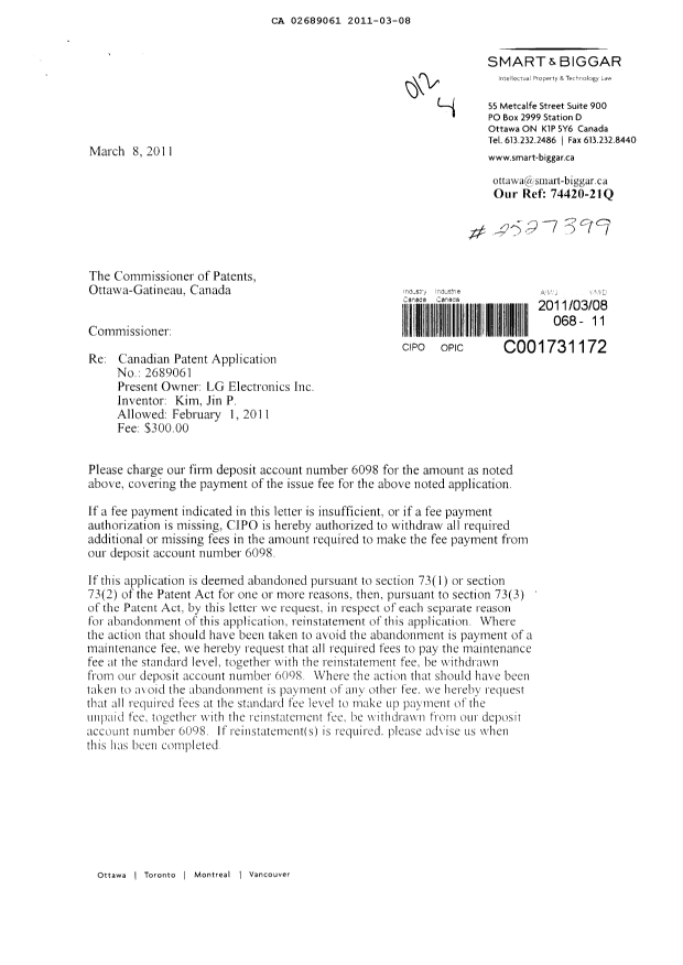 Document de brevet canadien 2689061. Correspondance 20110308. Image 1 de 2