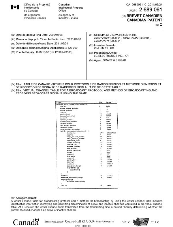 Document de brevet canadien 2689061. Page couverture 20110504. Image 1 de 1