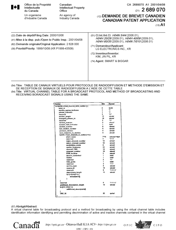 Document de brevet canadien 2689070. Page couverture 20100317. Image 1 de 2