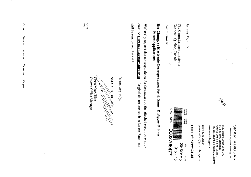 Document de brevet canadien 2689547. Correspondance 20150115. Image 1 de 2