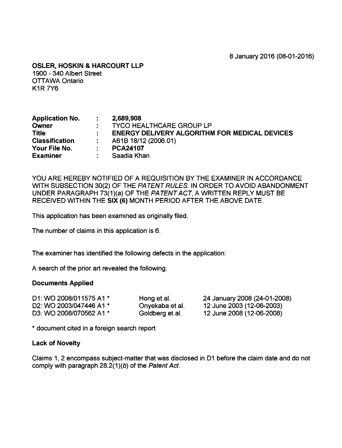 Canadian Patent Document 2689908. Examiner Requisition 20160108. Image 1 of 5