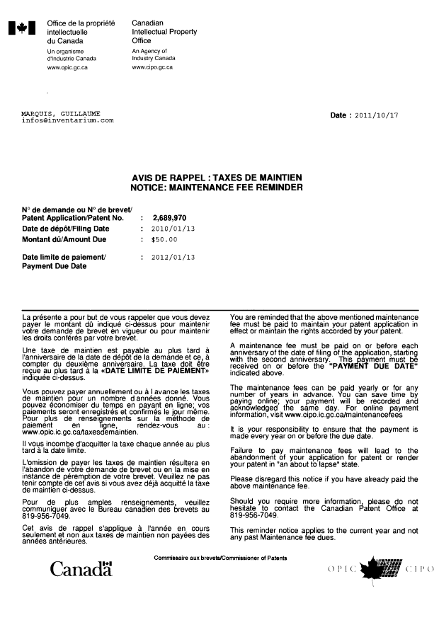 Document de brevet canadien 2689970. Correspondance 20101217. Image 1 de 2