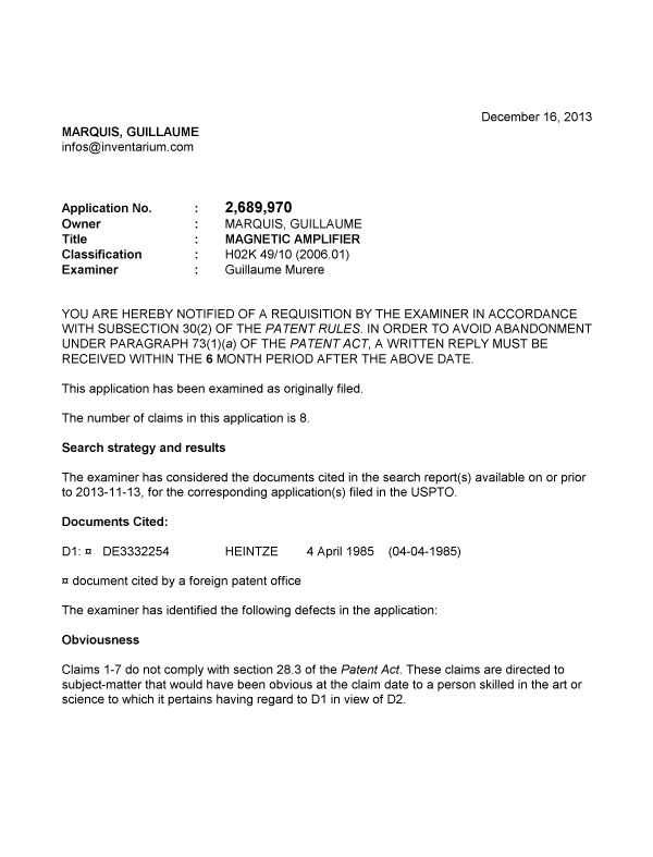 Document de brevet canadien 2689970. Poursuite-Amendment 20121216. Image 1 de 2