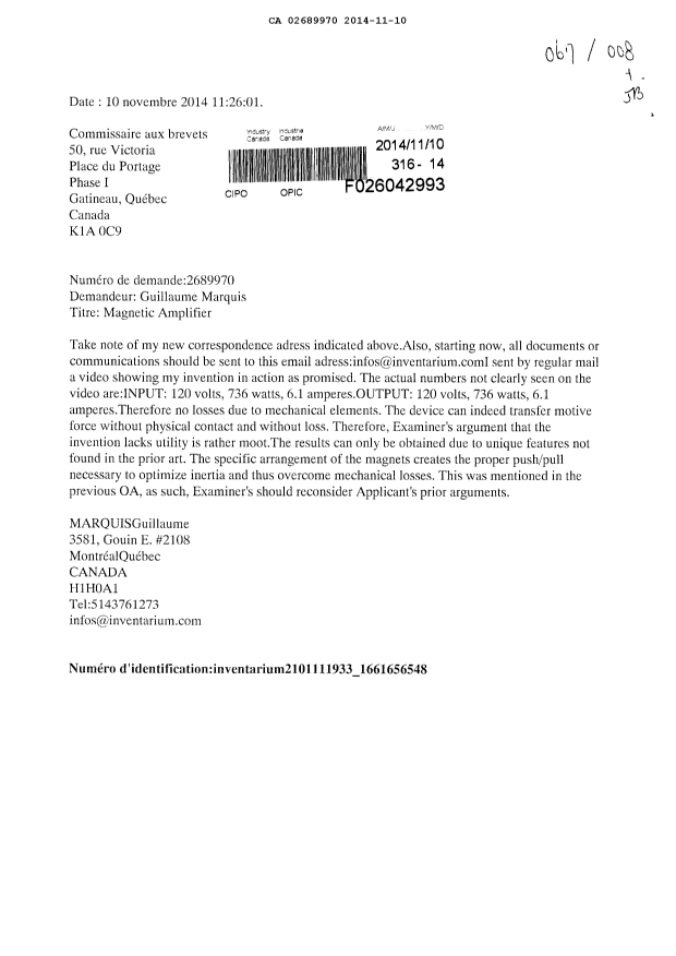 Document de brevet canadien 2689970. Correspondance 20131210. Image 1 de 1