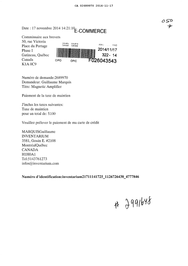 Document de brevet canadien 2689970. Taxes 20131217. Image 1 de 1