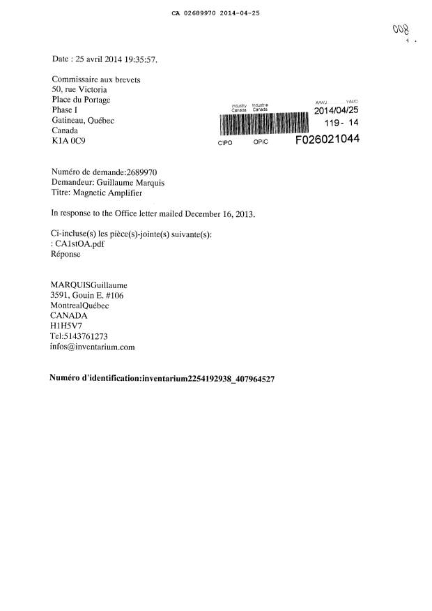 Document de brevet canadien 2689970. Poursuite-Amendment 20131225. Image 1 de 2