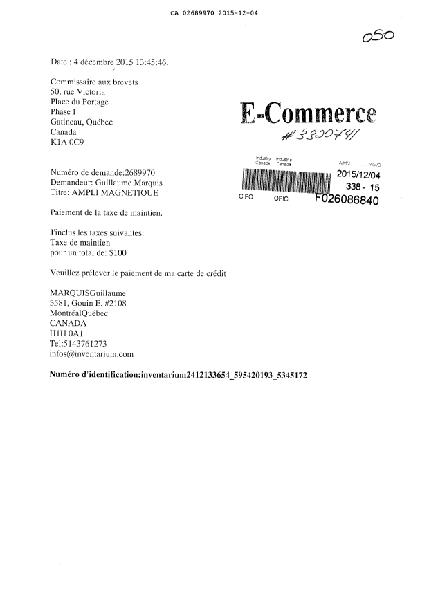 Document de brevet canadien 2689970. Taxes 20141204. Image 1 de 1