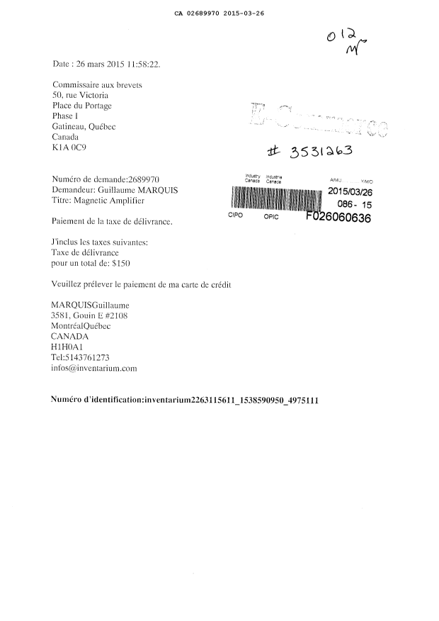 Document de brevet canadien 2689970. Correspondance 20141226. Image 1 de 1