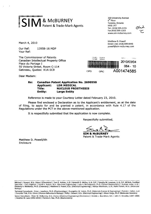 Document de brevet canadien 2690550. Correspondance 20091204. Image 1 de 2