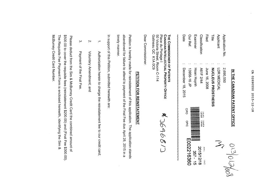 Document de brevet canadien 2690550. Poursuite-Amendment 20141218. Image 1 de 14