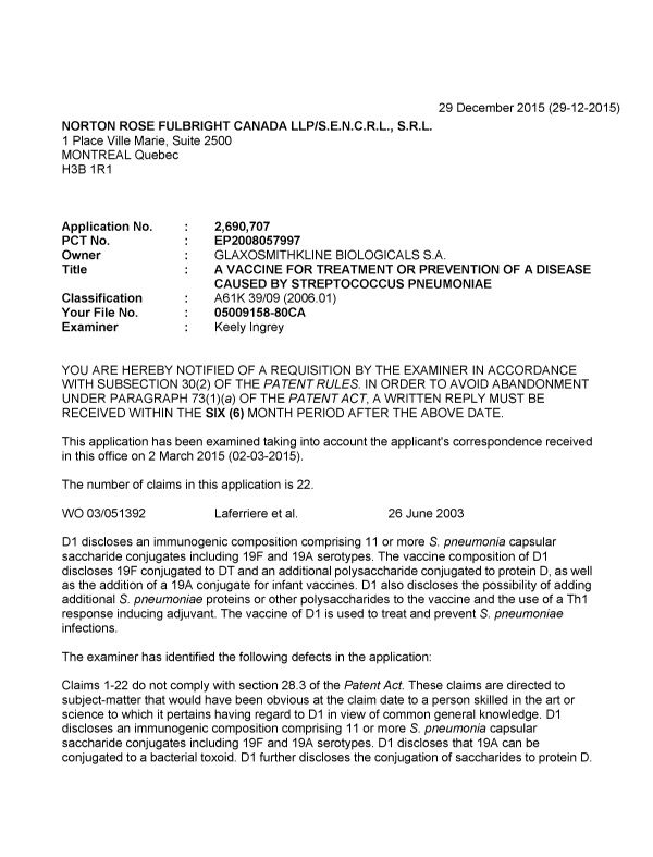 Canadian Patent Document 2690707. Examiner Requisition 20151229. Image 1 of 3