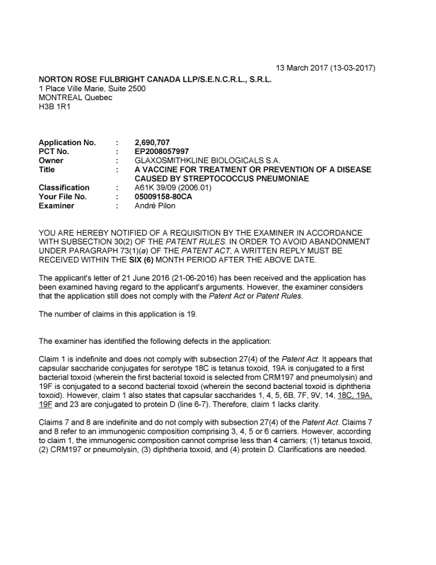 Document de brevet canadien 2690707. Demande d'examen 20170313. Image 1 de 3