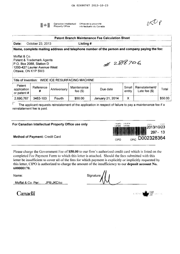 Document de brevet canadien 2690767. Taxes 20121223. Image 1 de 1