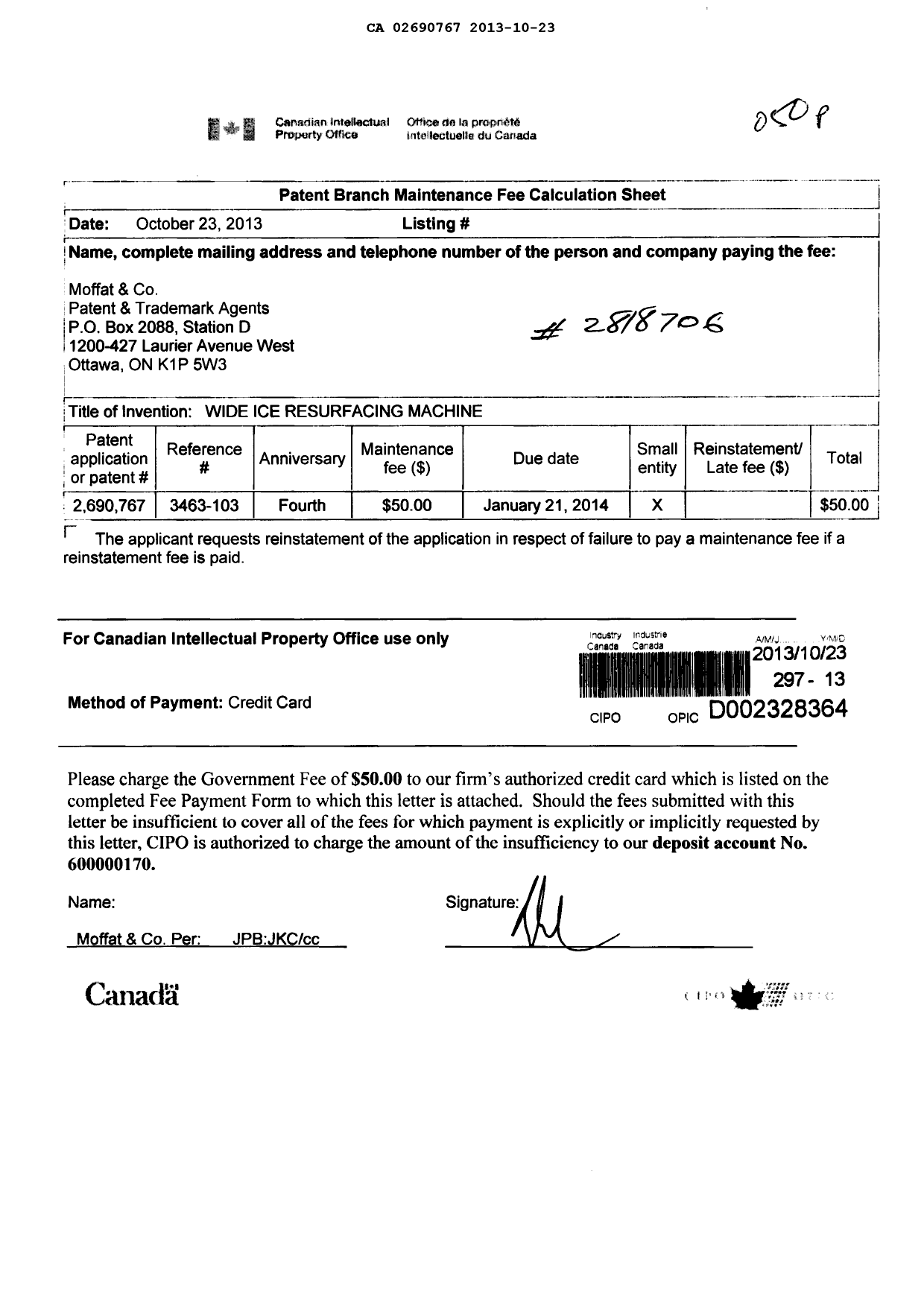 Document de brevet canadien 2690767. Taxes 20121223. Image 1 de 1