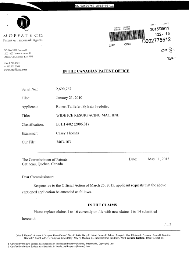 Document de brevet canadien 2690767. Poursuite-Amendment 20141211. Image 1 de 9