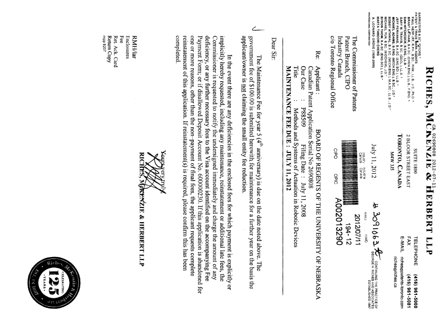 Document de brevet canadien 2690808. Taxes 20120711. Image 1 de 1