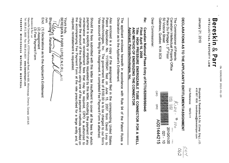 Canadian Patent Document 2691098. Assignment 20100120. Image 1 of 7
