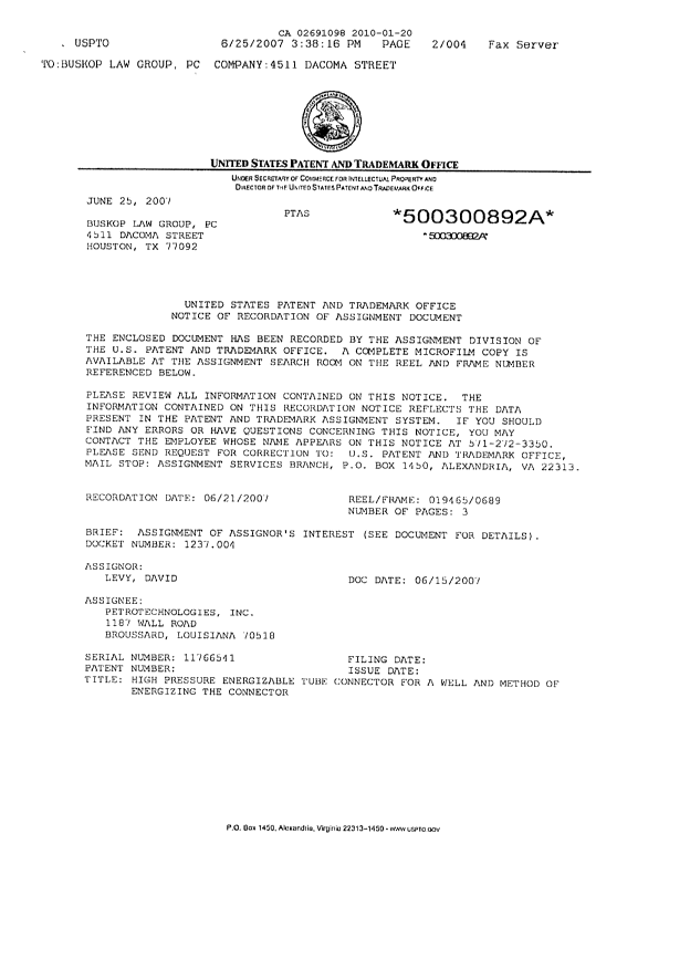 Canadian Patent Document 2691098. Assignment 20100120. Image 2 of 7