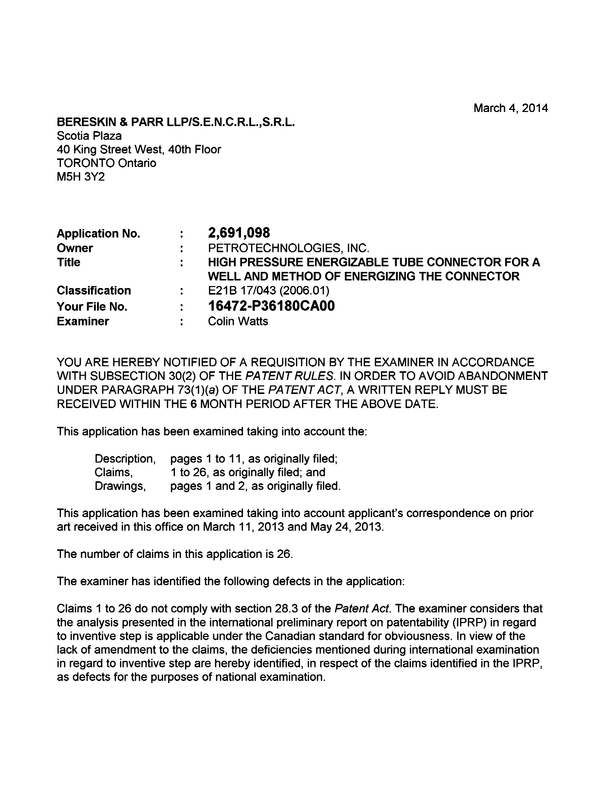 Canadian Patent Document 2691098. Prosecution-Amendment 20140304. Image 1 of 2