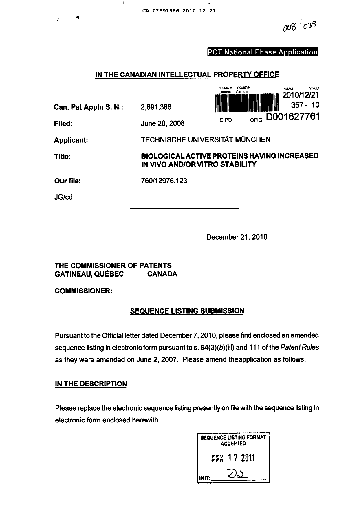 Canadian Patent Document 2691386. Prosecution-Amendment 20101221. Image 1 of 2