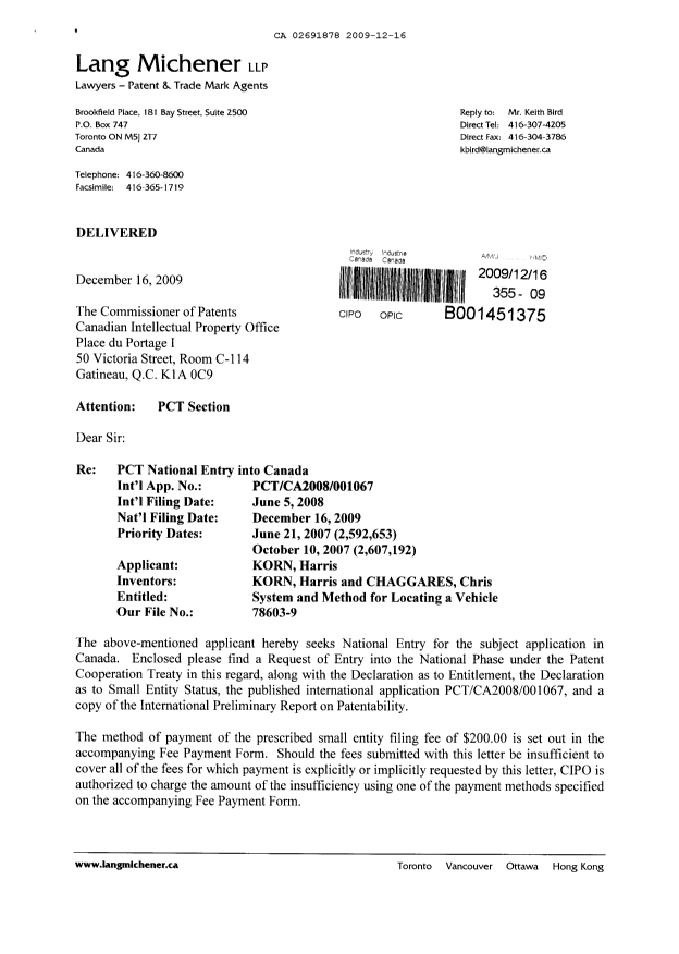 Document de brevet canadien 2691878. Cession 20091216. Image 1 de 6