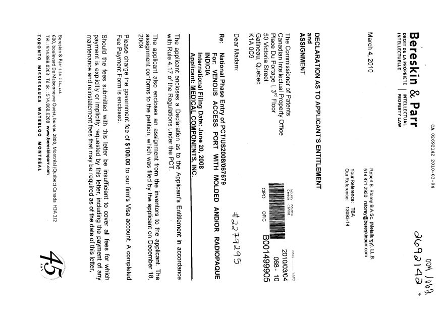 Canadian Patent Document 2692142. Assignment 20100304. Image 1 of 4