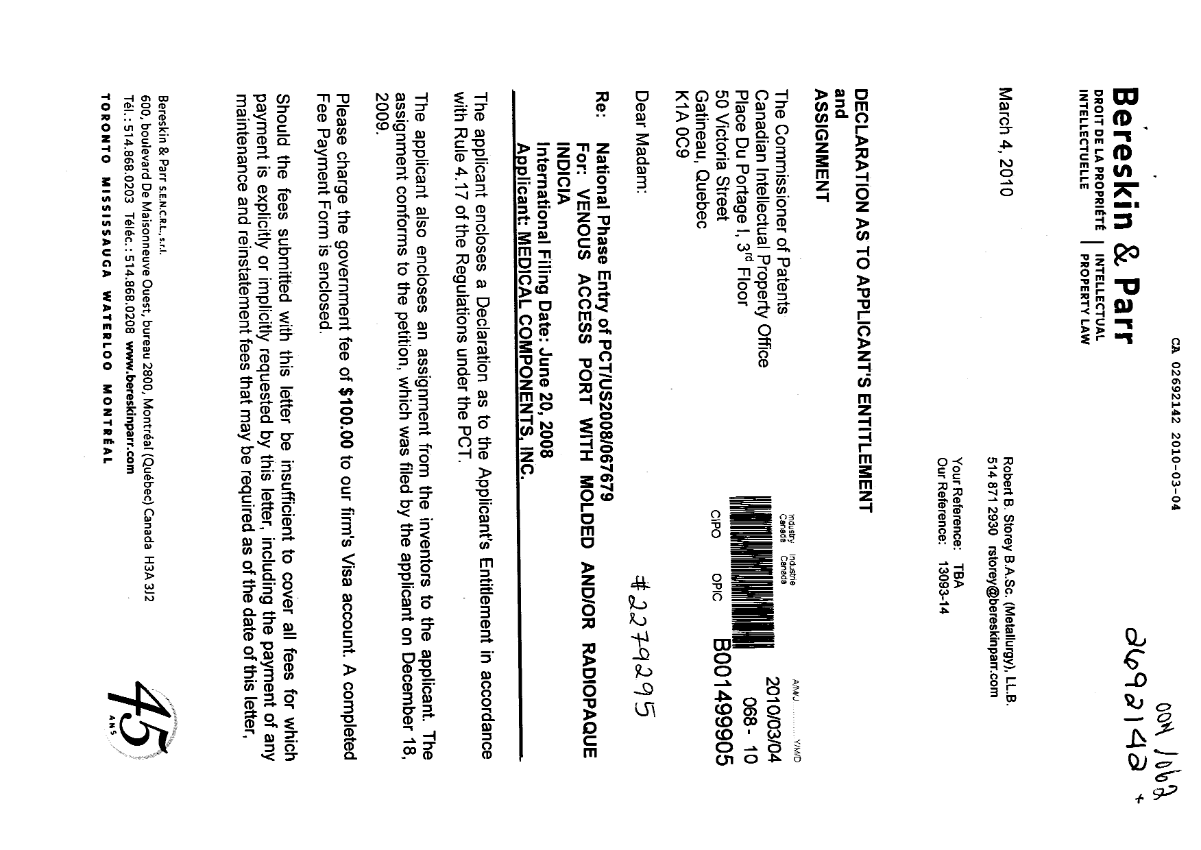 Canadian Patent Document 2692142. Assignment 20100304. Image 1 of 4