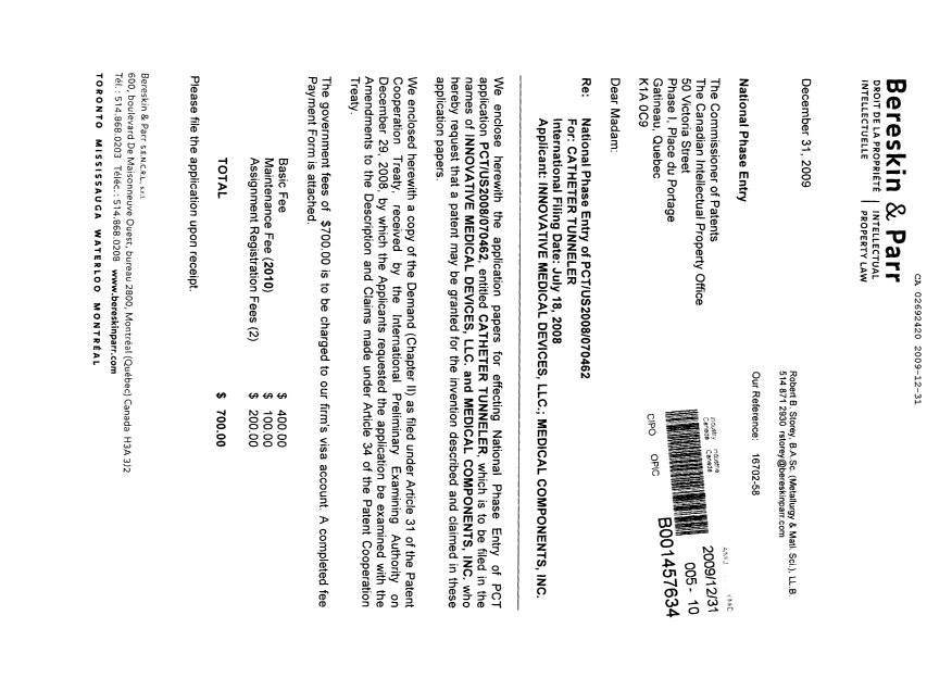 Canadian Patent Document 2692420. Assignment 20091231. Image 1 of 9
