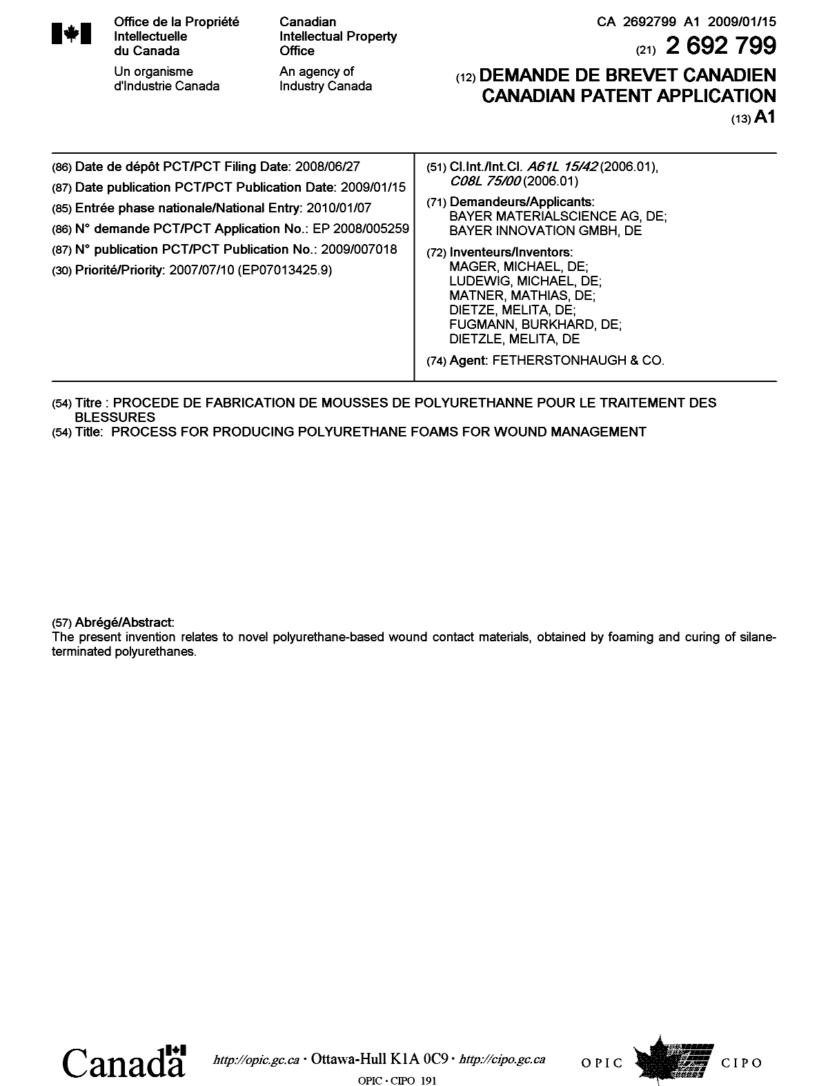Document de brevet canadien 2692799. Page couverture 20100322. Image 1 de 1