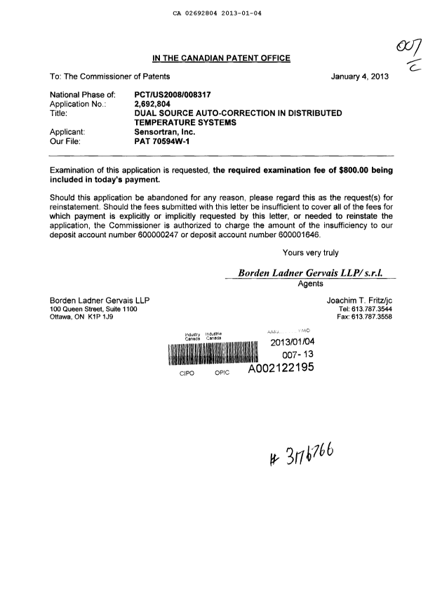 Document de brevet canadien 2692804. Poursuite-Amendment 20130104. Image 1 de 1