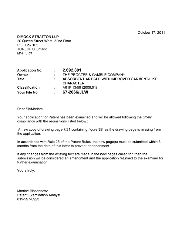 Document de brevet canadien 2692891. Correspondance 20111017. Image 1 de 1