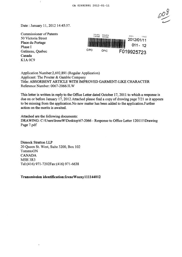 Document de brevet canadien 2692891. Poursuite-Amendment 20120111. Image 1 de 2