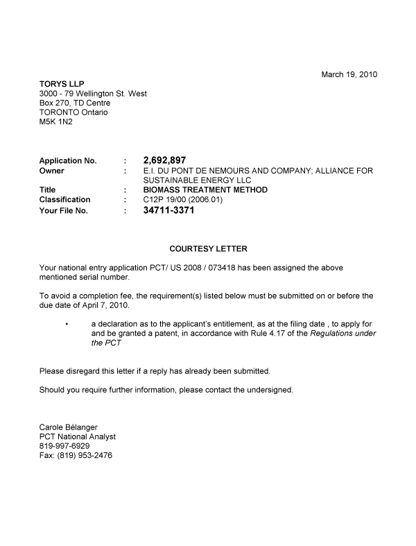 Canadian Patent Document 2692897. Correspondence 20091219. Image 1 of 1