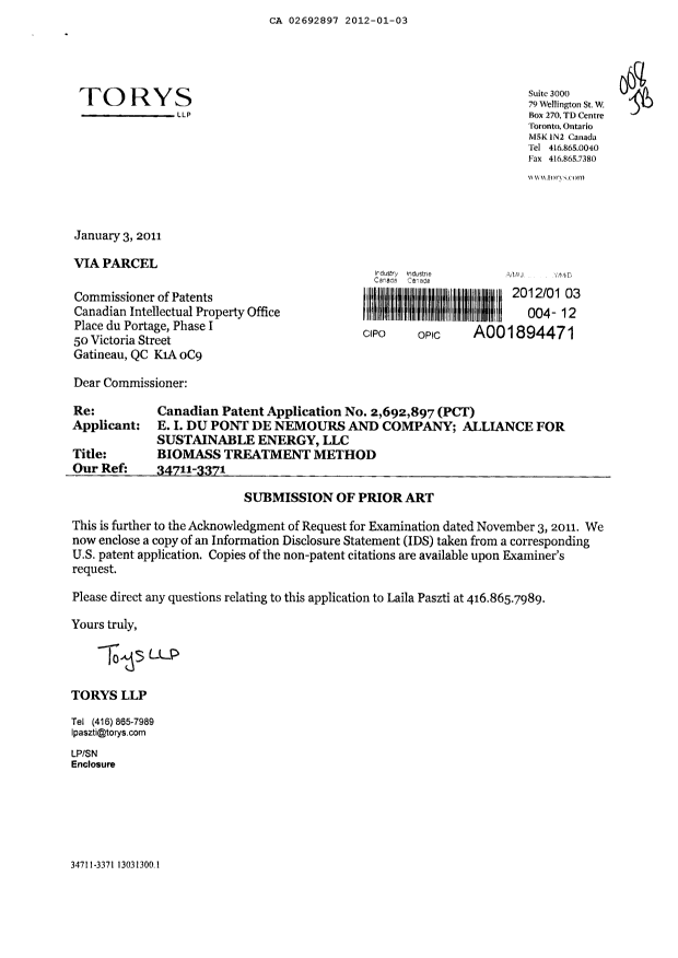 Document de brevet canadien 2692897. Poursuite-Amendment 20111203. Image 1 de 1